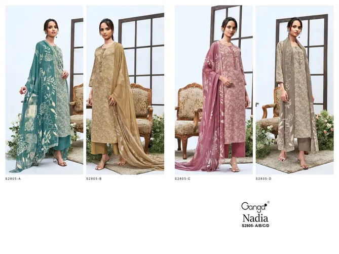 Nadia 2805 By Ganga Cotton Satin Printed Embroidery Dress Material Online Wholesale